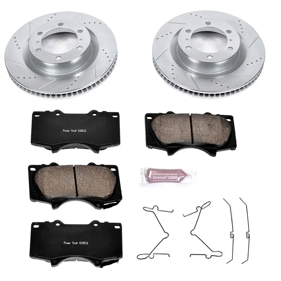K5873 – POWERSTOP Brake Kit, Evolution Sport Carbon Fiber Ceramic Brake Pads Silver Zinc Plated Cross-Drilled And Slo...
